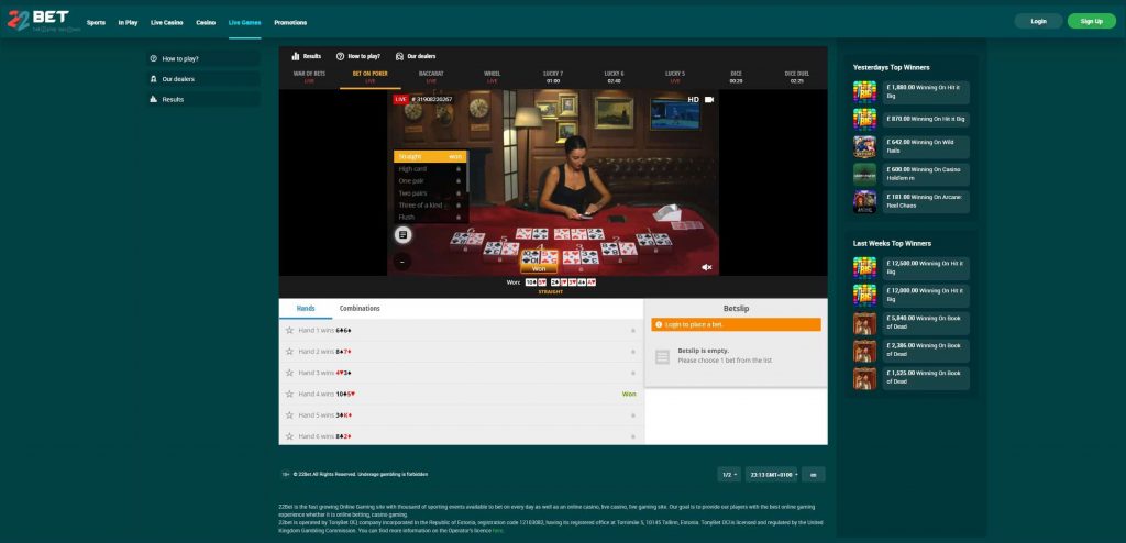 22Bet Live Casino Screenshot