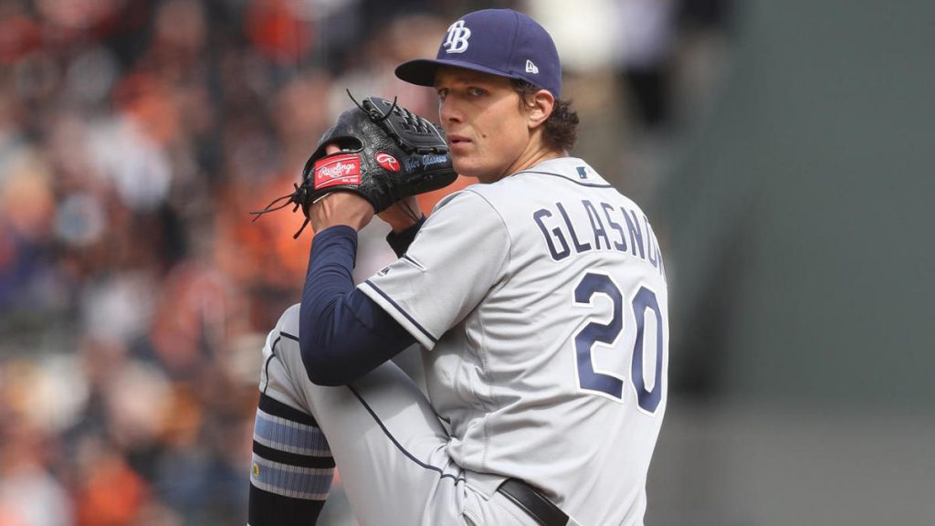 Apr 5, 2019; San Francisco, CA, USA; Tampa Bay Rays starting pitcher Tyler Glasnow (20) throws a pitch during the fifth inning against the San Francisco Giants at Oracle Park. Mandatory Credit: Darren Yamashita-USA TODAY Sports