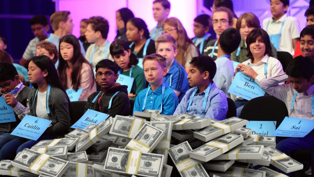 Scripps spelling bee contestants with pile of money