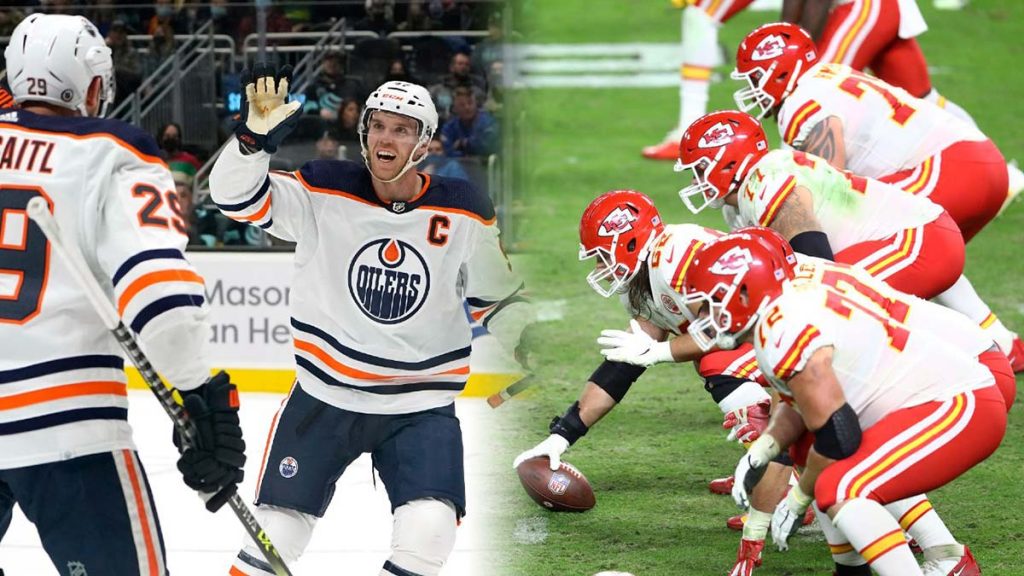 Chiefs Front Line Lined up on Right and Edmonton Oilers Players on Left