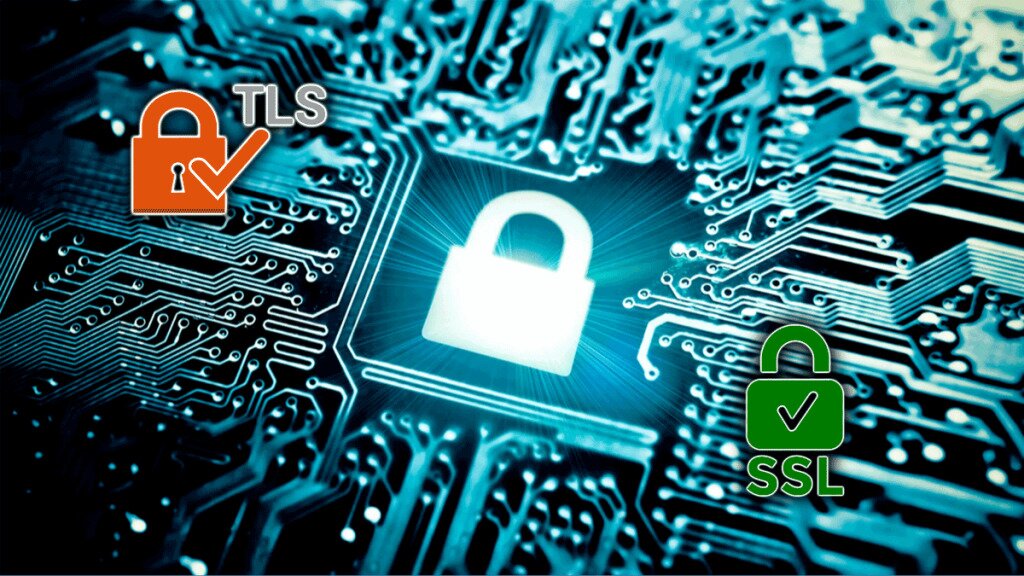 TSL Lock on Left SSL Lock on Right and a Computer Chip With a Lock in the Center