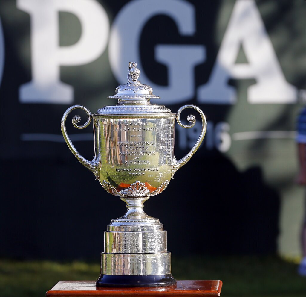 The Wanamaker trophy is shown on the first tee during the first round of the PGA Championship golf tournament at Baltusrol Golf Club in Springfield, N.J., Thursday, July 28, 2016. (AP Photo/Tony Gutierrez)