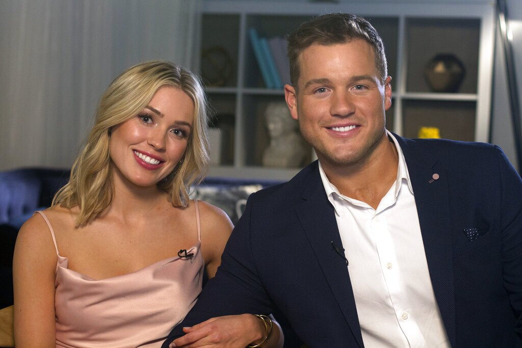 Cast members Cassie Randolph, left, and Colton Underwood from the reality series, "The Bachelor," appear during an interview in New York on Wednesday, March 13, 2019. (AP Photo/Gary Gerard Hamilton)