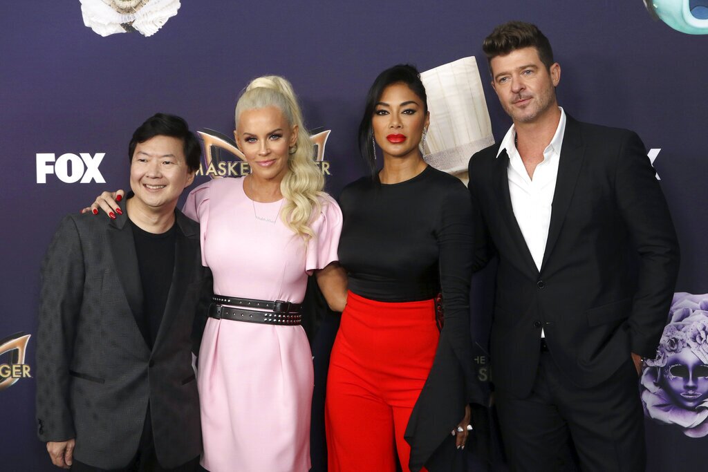 Ken Jeong, from left, Jenny McCarthy, Nicole Scherzinger and Robin Thicke attend the LA Premiere of "The Masked Singer" Season 2 at The Bazaar by Jose Andres on Tuesday, Sept. 10, 2019, in Los Angeles. (Photo by Willy Sanjuan/Invision/AP)