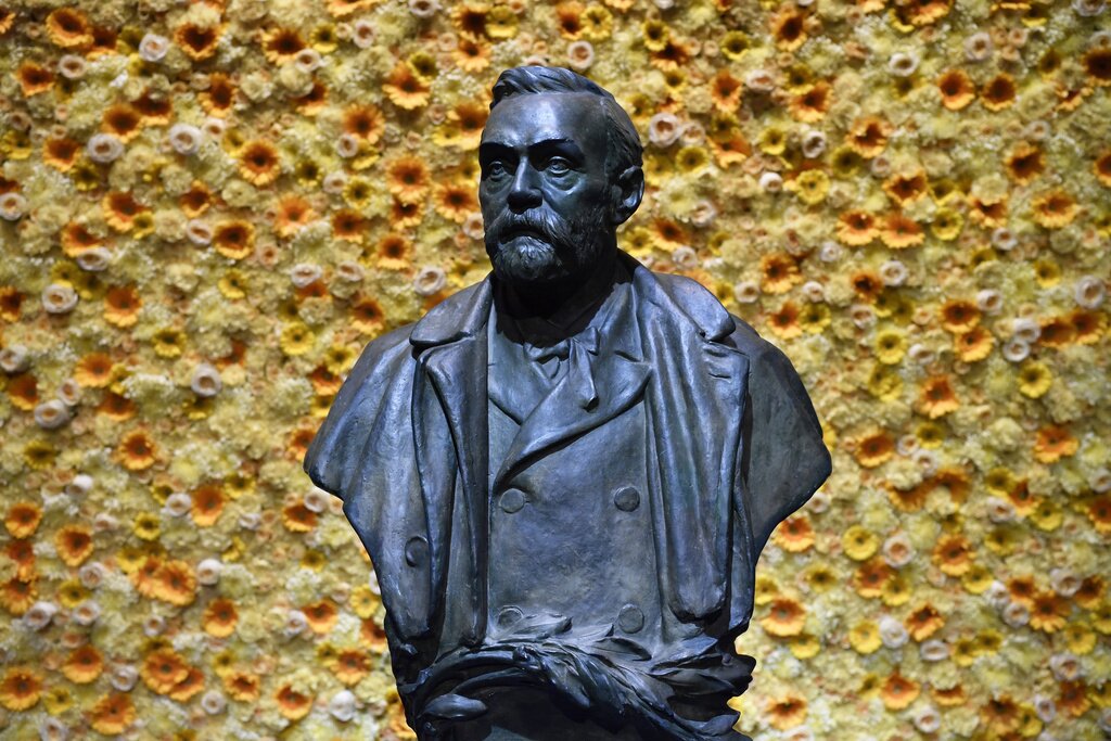 FILE - A bust of the Nobel Prize founder, Alfred Nobel, is shown on display at the Concert Hall during the Nobel Prize award ceremony in Stockholm, Monday, Dec. 10, 2018. (Henrik Montgomery/Pool Photo via AP, File)