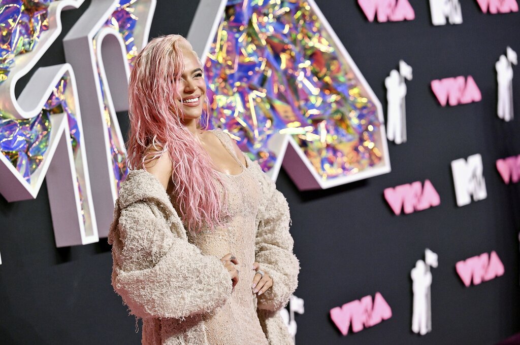 Karol G arrives at the MTV Video Music Awards on Tuesday, Sept. 12, 2023, at the Prudential Center in Newark, N.J. (Photo by Evan Agostini/Invision/AP)