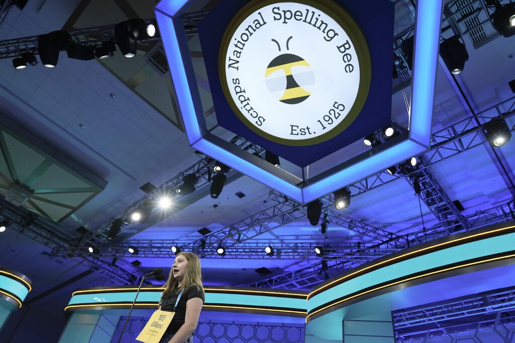 Elliana Pagliarini 11, of Scituate, R.I., answers a question during the Scripps National Spelling Bee in Oxon Hill, Md., Tuesday, May 28, 2024. (AP Photo/Mariam Zuhaib)